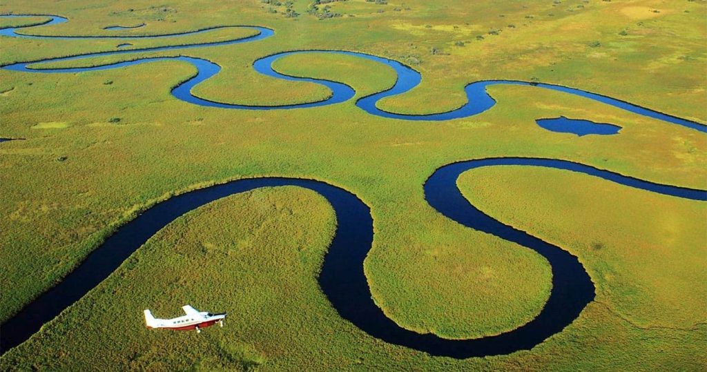 An-aero plane-flying-over-Okavango-delta-Botswana.