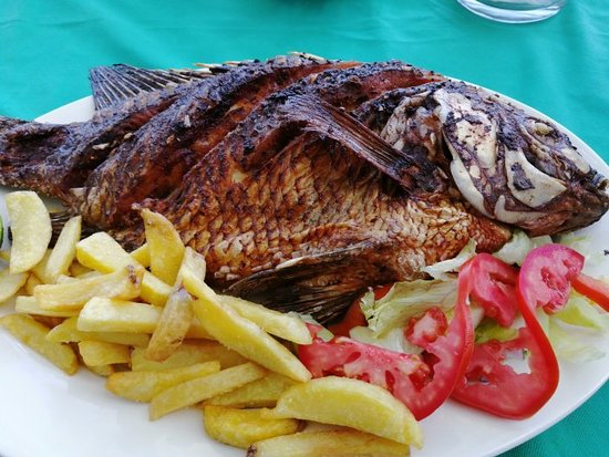 Grilled tilapia fish served with French fries, tomatoes and lemon
