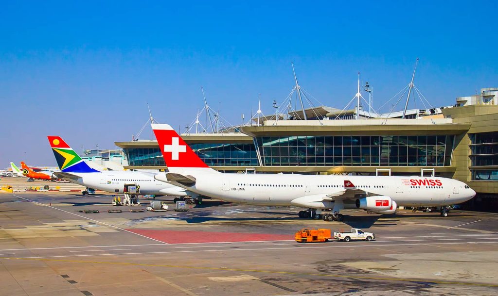 Swiss and south African air planes at OR Tambo International Airport South Africa.