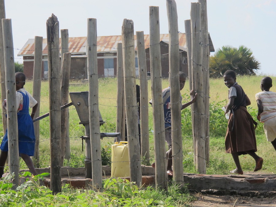 Children collecting water from a pump bore hole Kagadi 