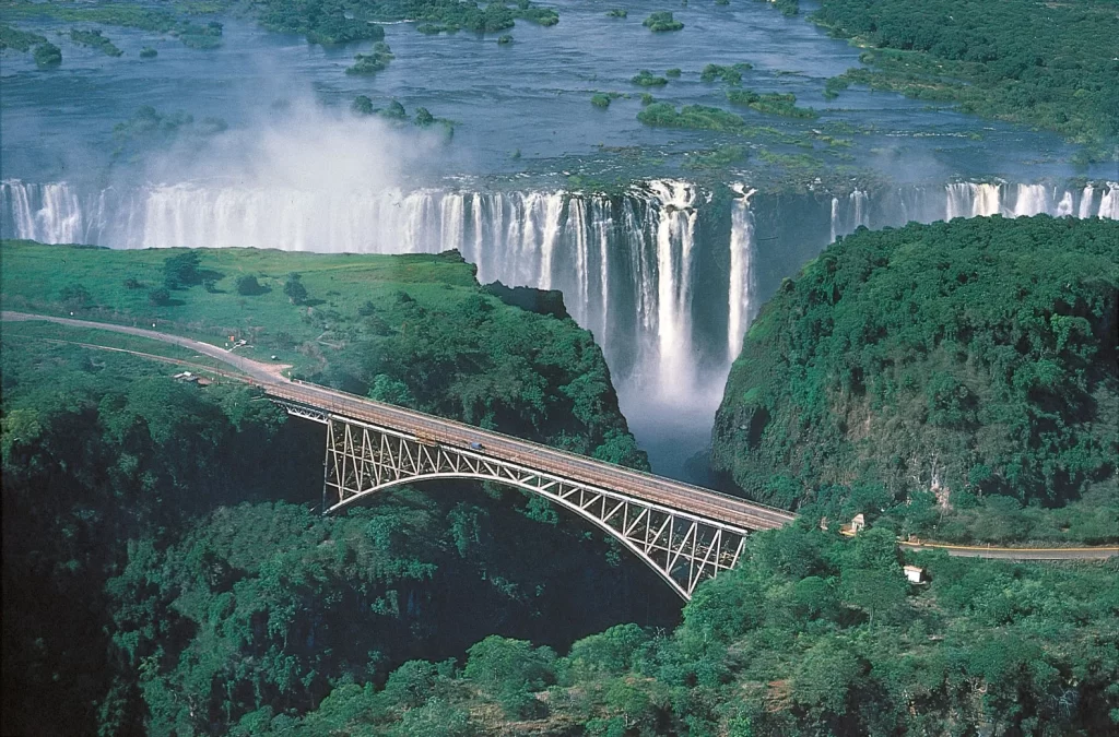 Victoria Falls bridge over Zambezi River connects Zimbabwe to Zambia
