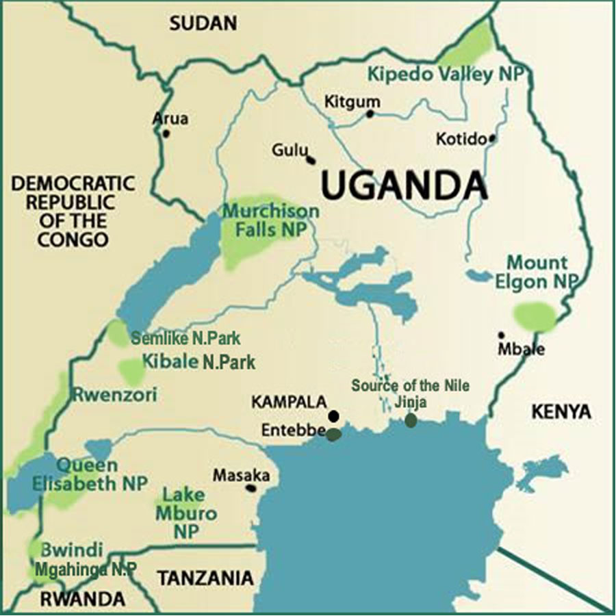  Map of Uganda showing national parks, rivers and lakes