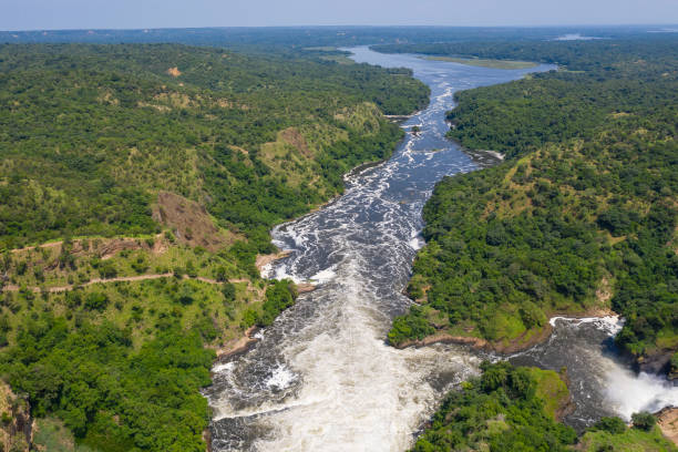 Aerial view o river Nile flowing through Murchison falls national park Uganda