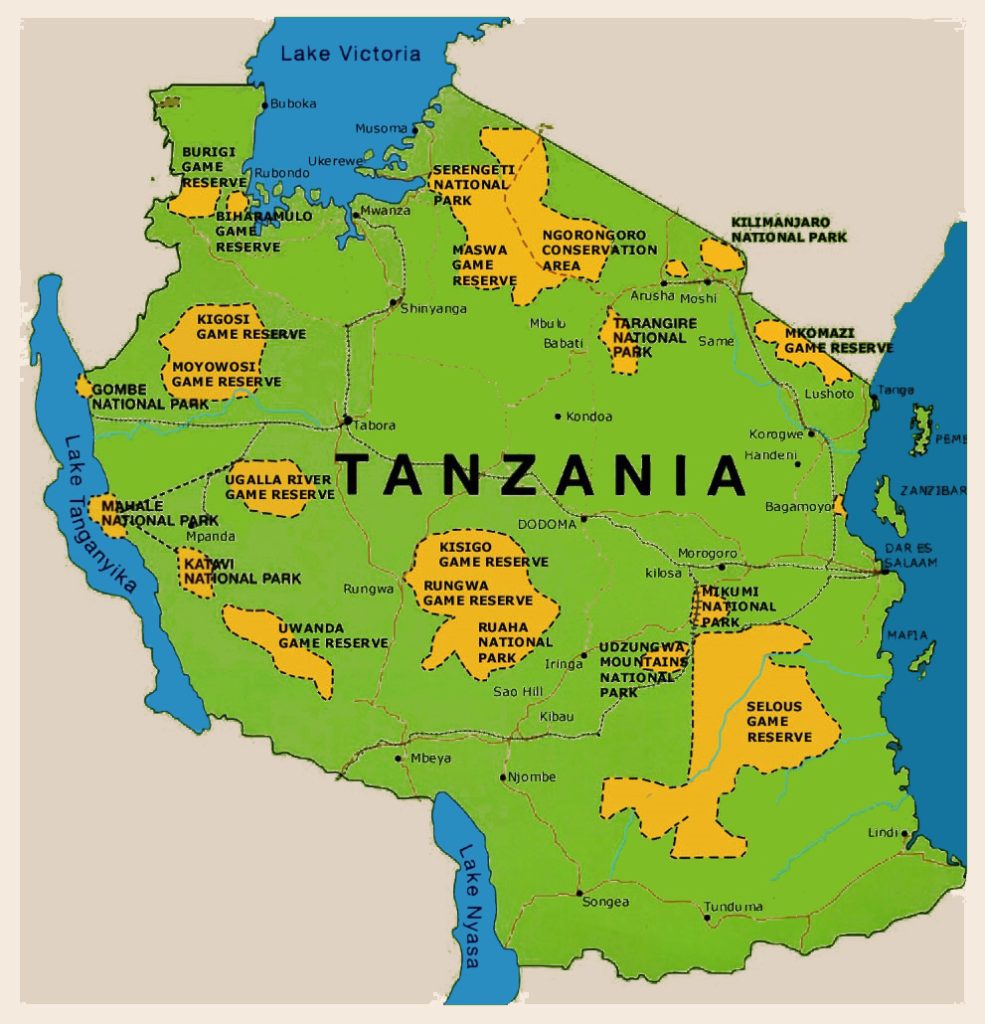 Map of Tanzania showing national parks.