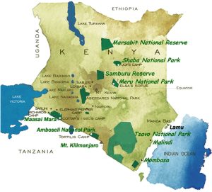 Map of Kenya showing National parks and Game Reserves
