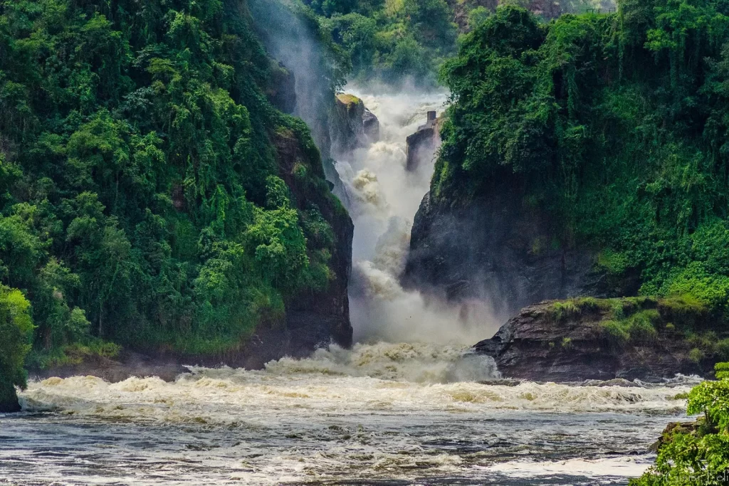 River Nile squeezes through a 7-meter gap and then drops down 45 meters at Murchison falls National Park Uganda Africa