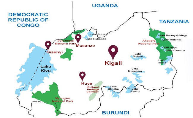 Map if Rwanda showing interesting places.